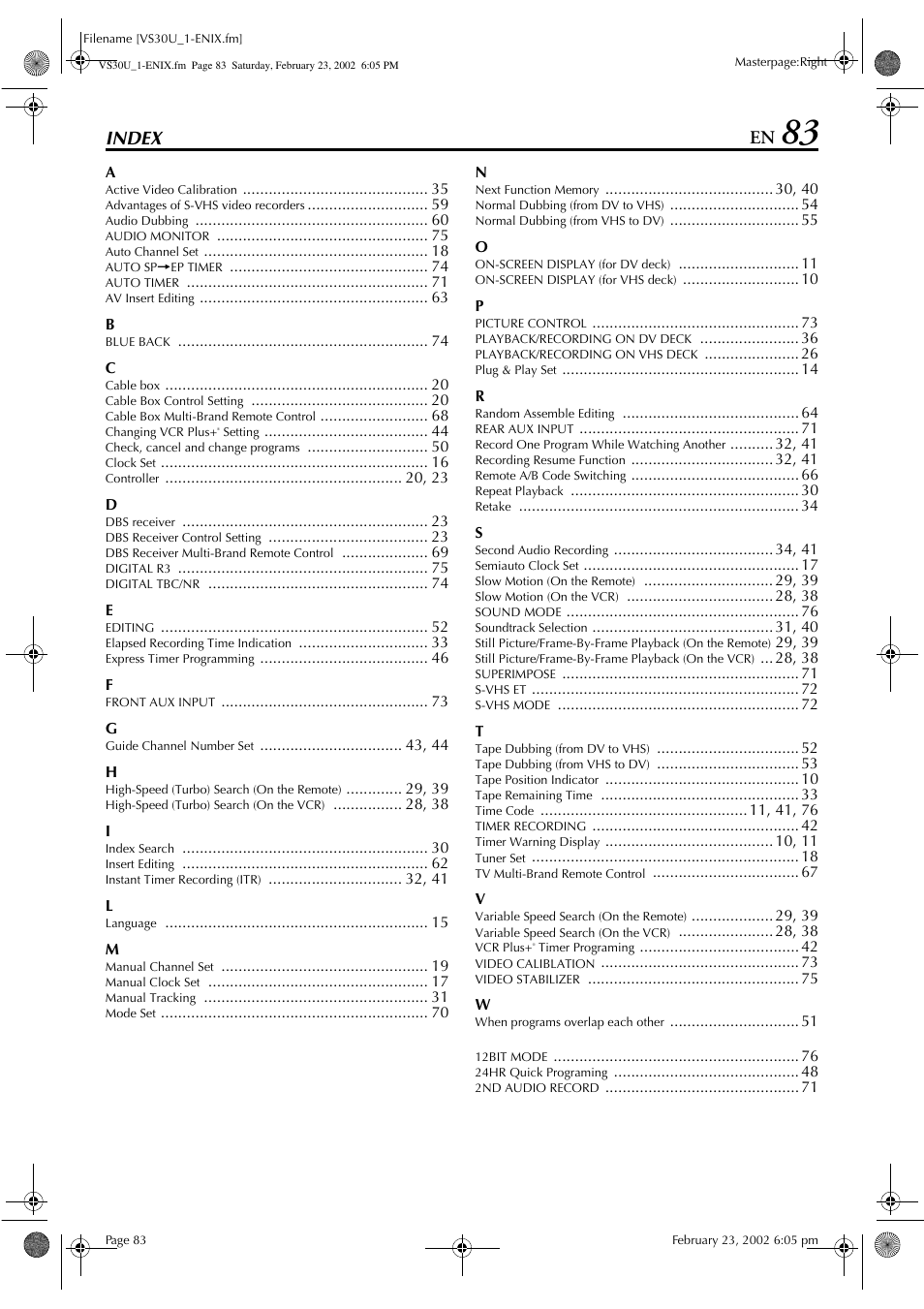 Index | JVC SR-VS30U User Manual | Page 83 / 84