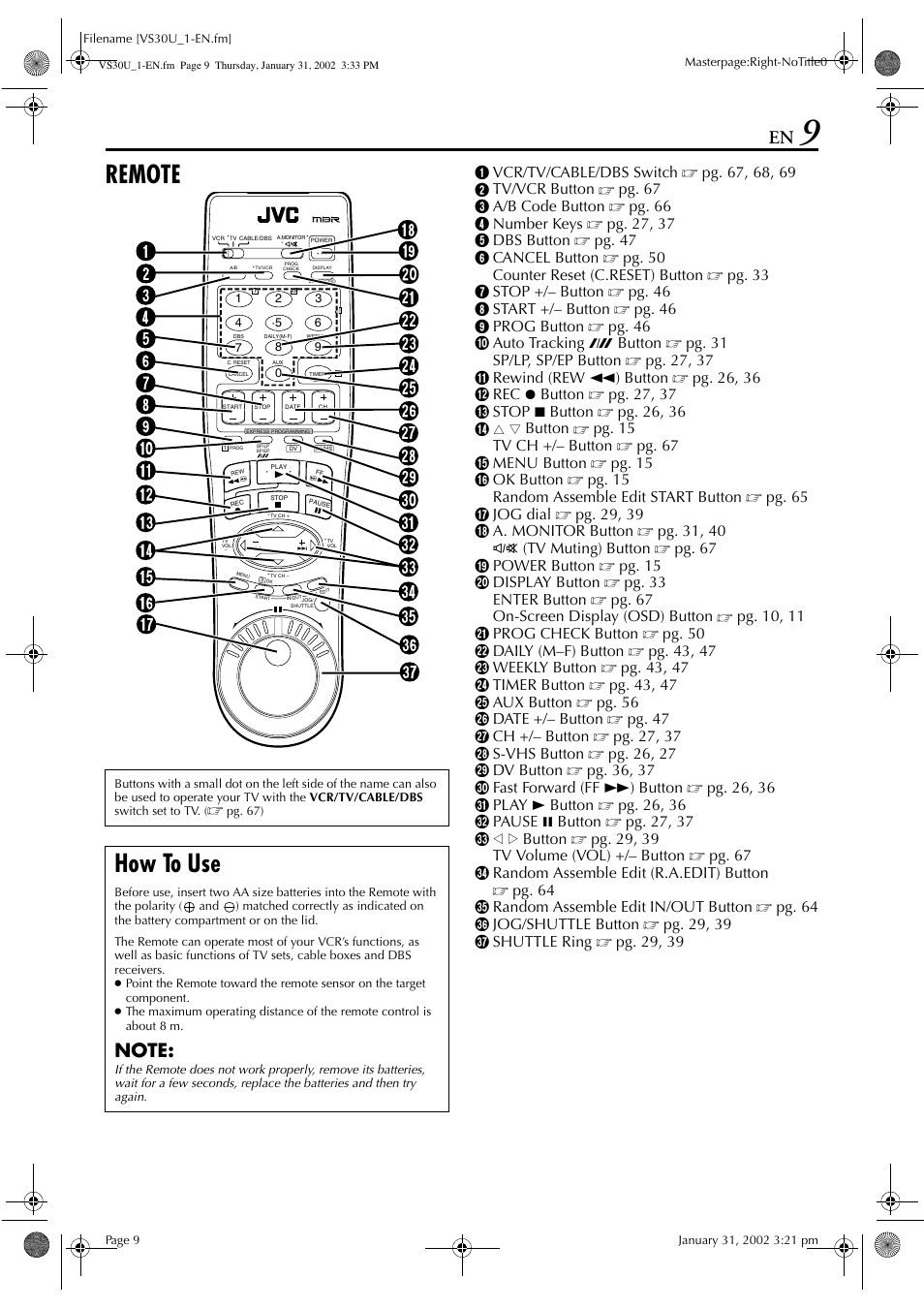 Remote, How to use | JVC SR-VS30U User Manual | Page 9 / 84