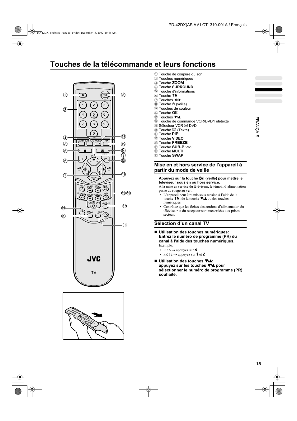 Touches de la télécommande et leurs fonctions, Sélection d’un canal tv | JVC PD-42DX  RU User Manual | Page 101 / 217