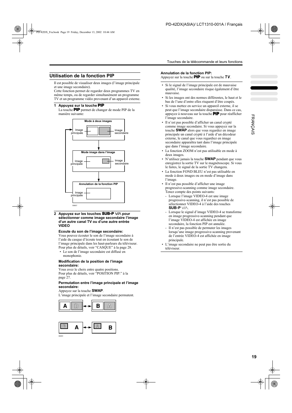 Utilisation de la fonction pip | JVC PD-42DX  RU User Manual | Page 105 / 217