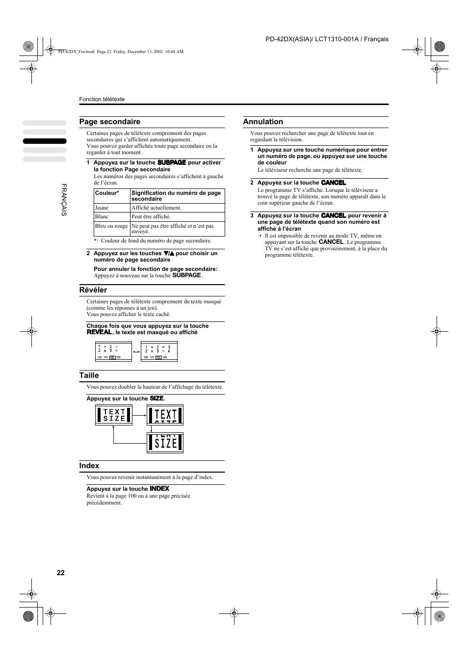 Page secondaire, Révéler, Taille | Index, Annulation | JVC PD-42DX  RU User Manual | Page 108 / 217