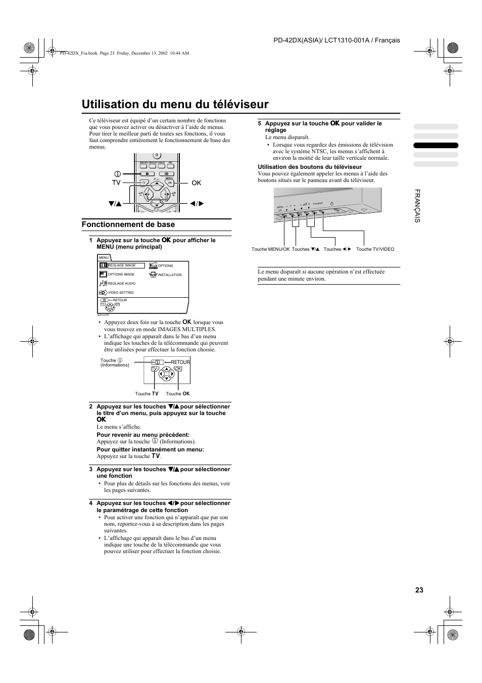 Utilisation du menu du téléviseur, Fonctionnement de base | JVC PD-42DX  RU User Manual | Page 109 / 217