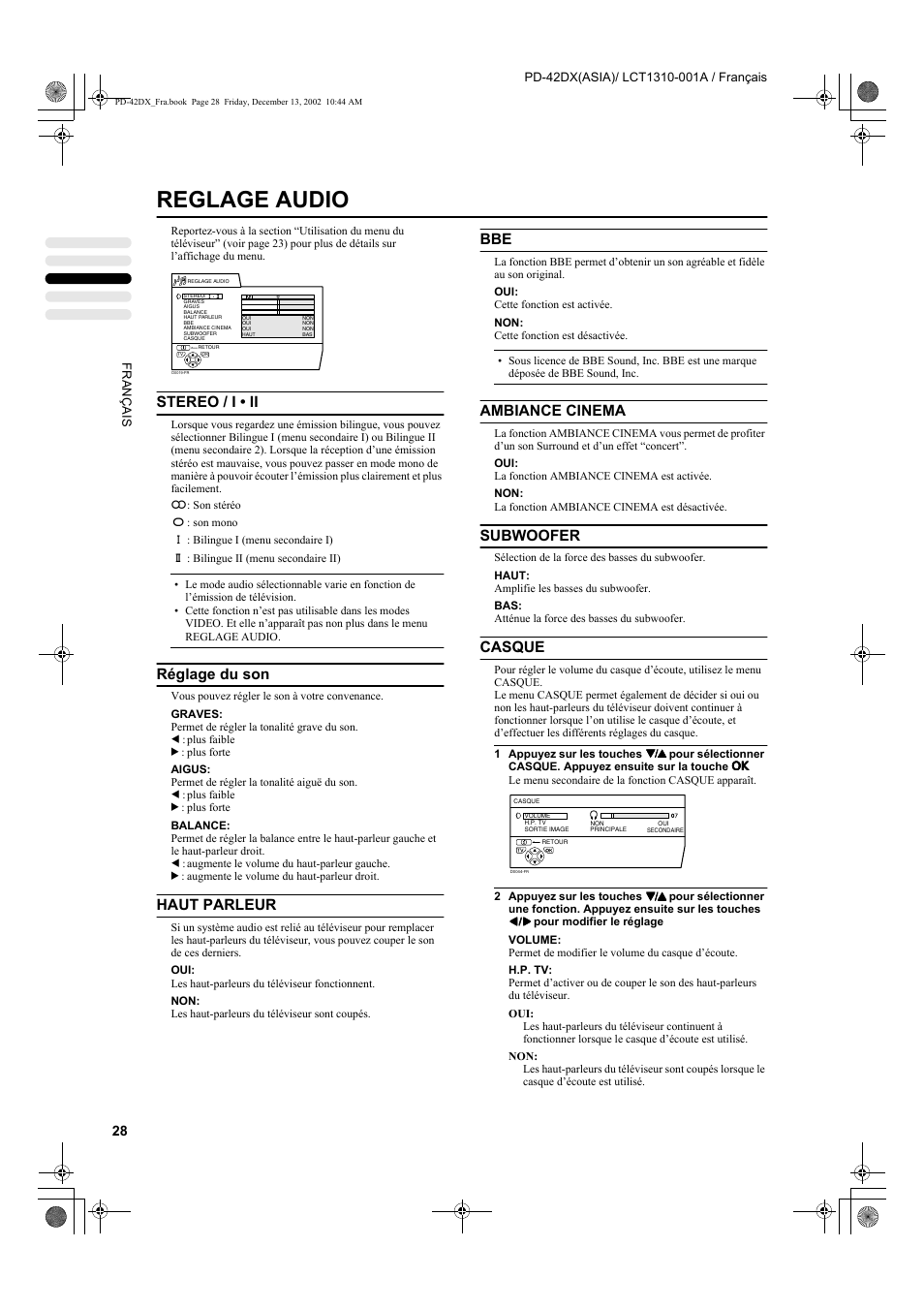 Reglage audio, Stereo / i • ii, Réglage du son | Haut parleur, Ambiance cinema, Subwoofer, Casque | JVC PD-42DX  RU User Manual | Page 114 / 217