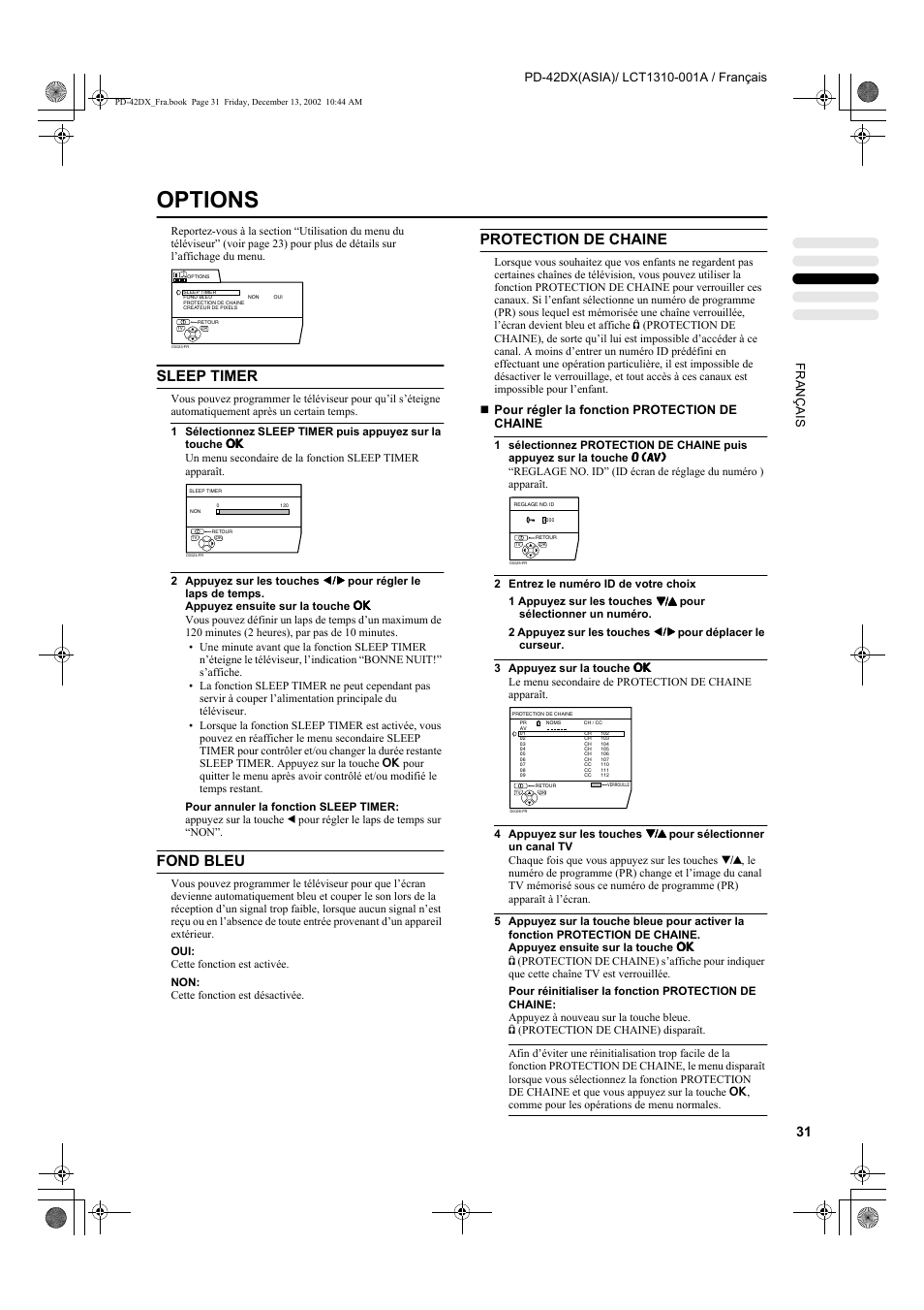 Options, Sleep timer, Fond bleu | Protection de chaine, Pour régler la fonction protection de chaine | JVC PD-42DX  RU User Manual | Page 117 / 217