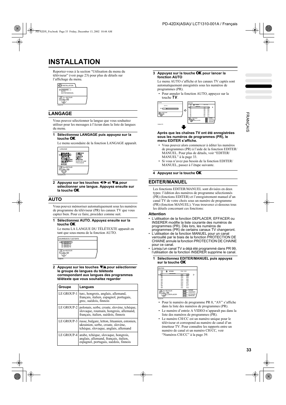 Installation, Langage, Auto | Editer/manuel, Attention | JVC PD-42DX  RU User Manual | Page 119 / 217