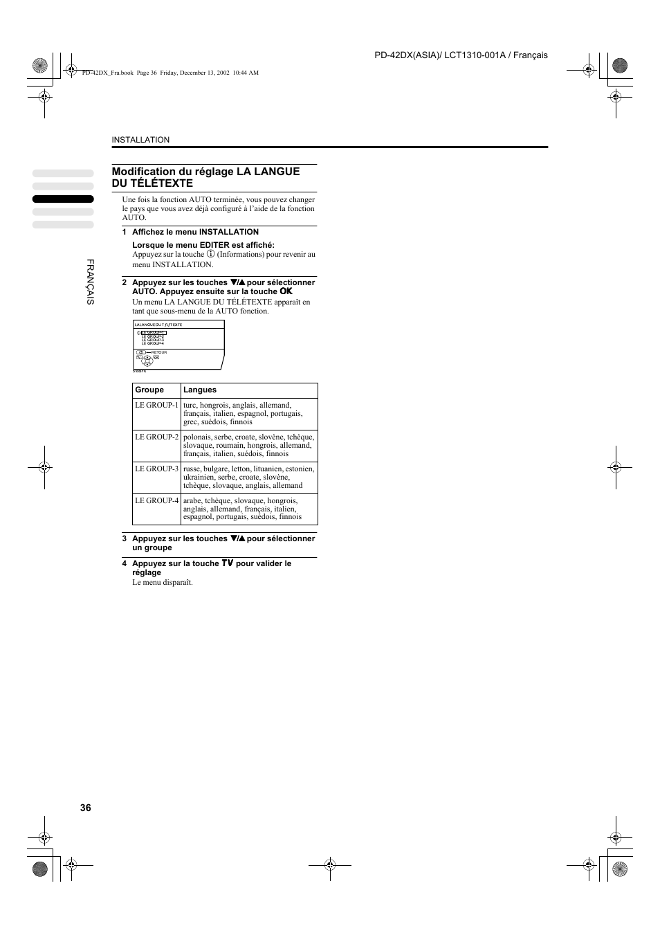 Modification du réglage la langue du télétexte | JVC PD-42DX  RU User Manual | Page 122 / 217