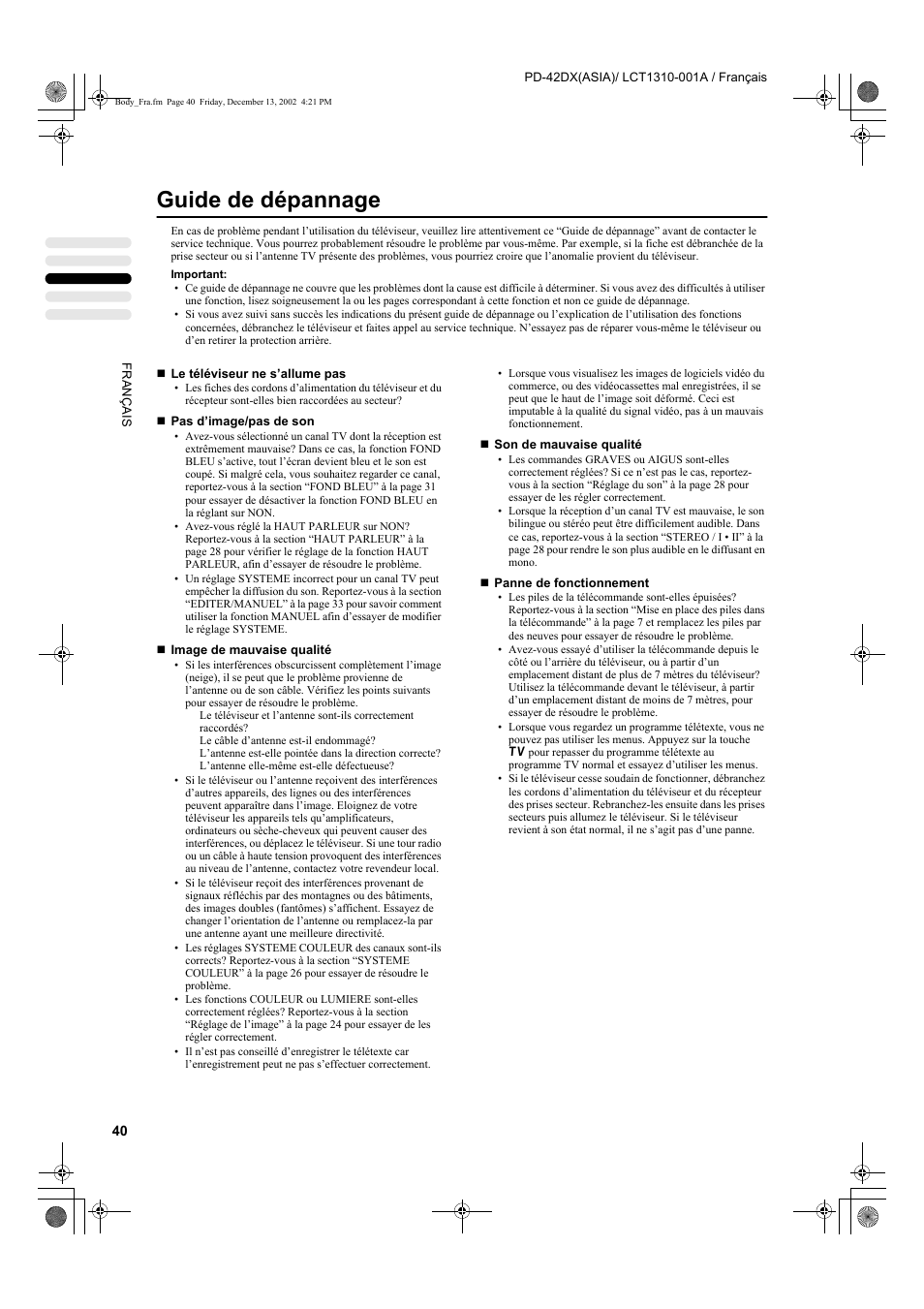 Guide de dépannage | JVC PD-42DX  RU User Manual | Page 126 / 217