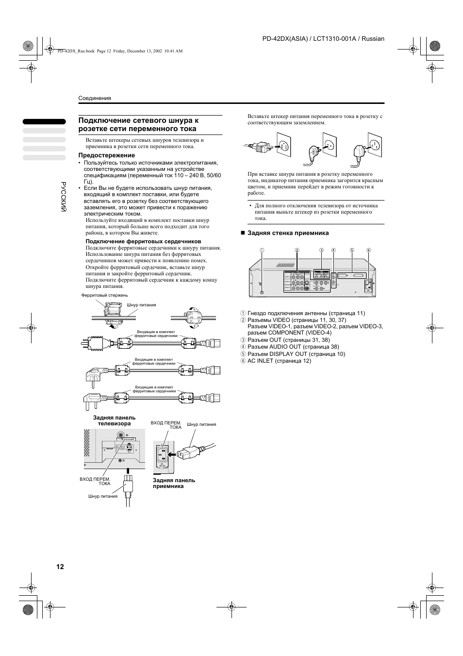 Предостережение, Задняя стенка приемника | JVC PD-42DX  RU User Manual | Page 14 / 217