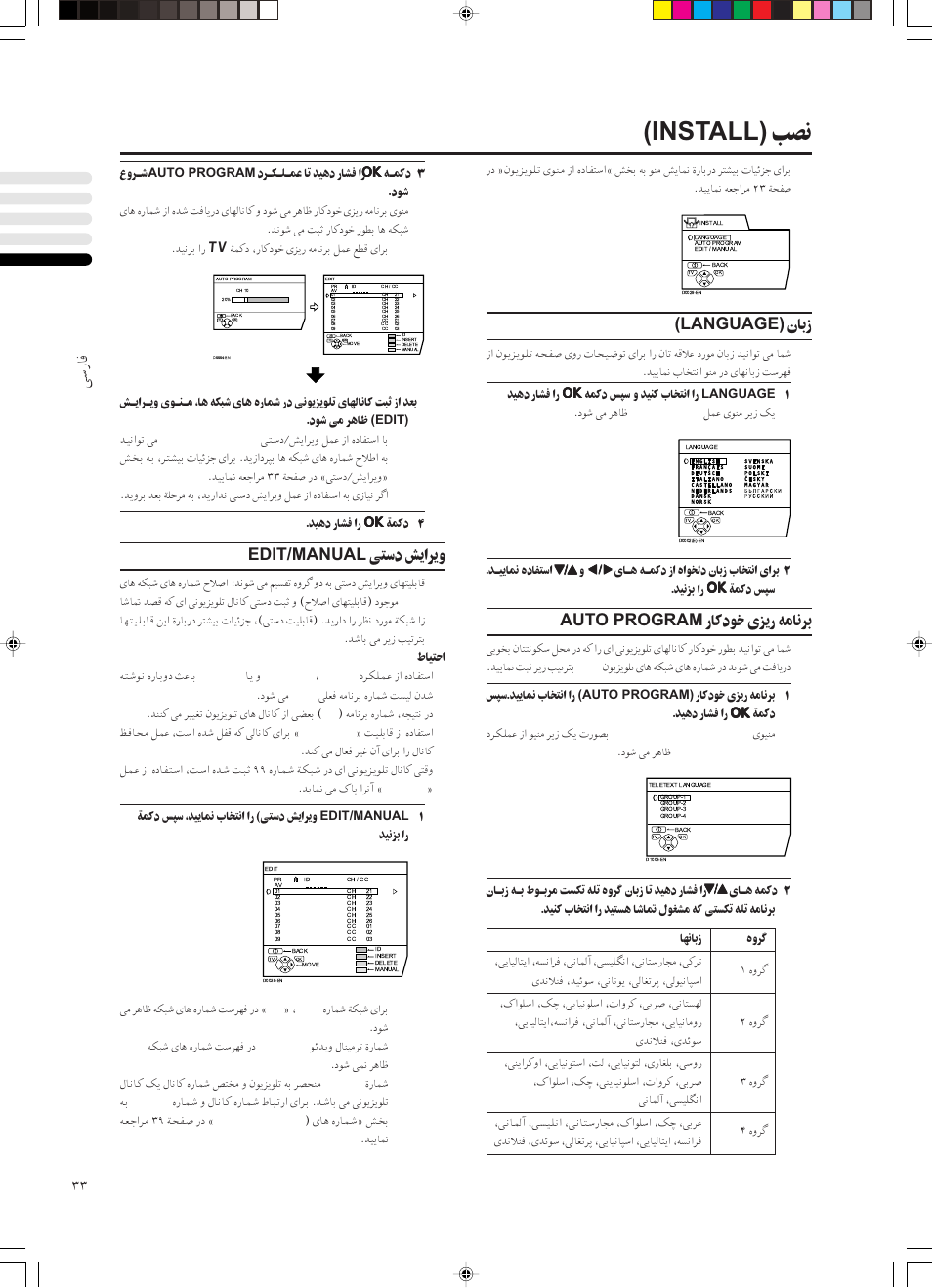 Vb (install), Êu “ (language), Uâœu èe — täu d auto program | Vœ g «d ë edit/manual | JVC PD-42DX  RU User Manual | Page 163 / 217