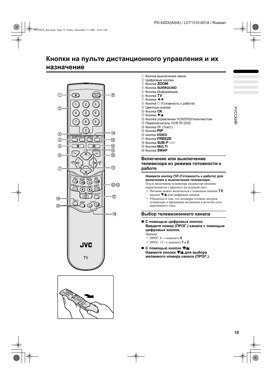 Выбор телевизионного канала | JVC PD-42DX  RU User Manual | Page 17 / 217