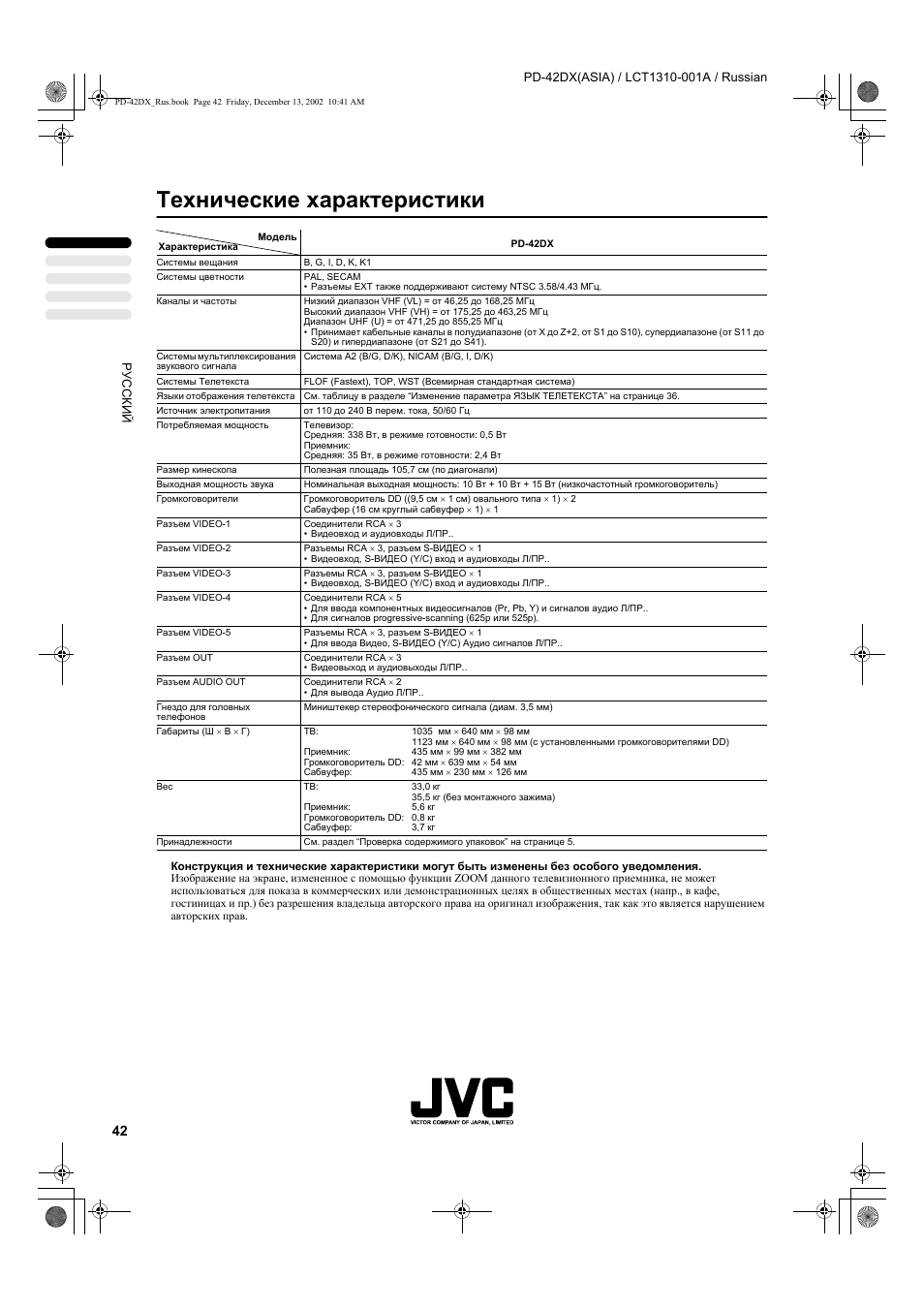 Технические характеристики | JVC PD-42DX  RU User Manual | Page 44 / 217