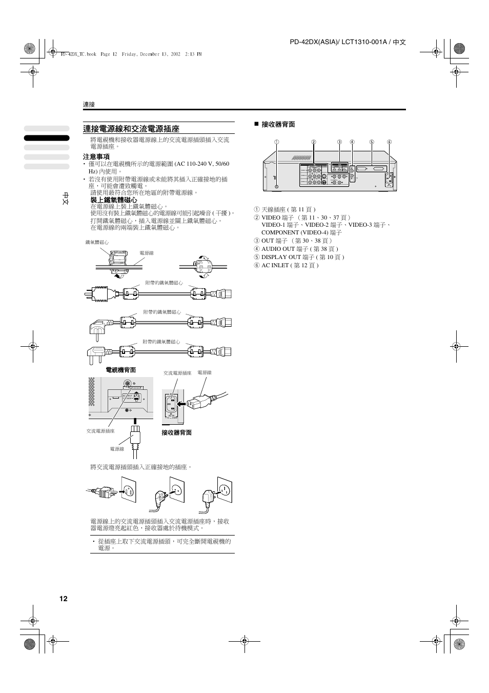 連接電源線和交流電源插座, 注意事項, 裝上鐵氧體磁心 | 接收器背面, 將電視機和接收器電源線上的交流電源插頭插入交流 電源插座, 接收器背面 電視機背面 | JVC PD-42DX  RU User Manual | Page 56 / 217