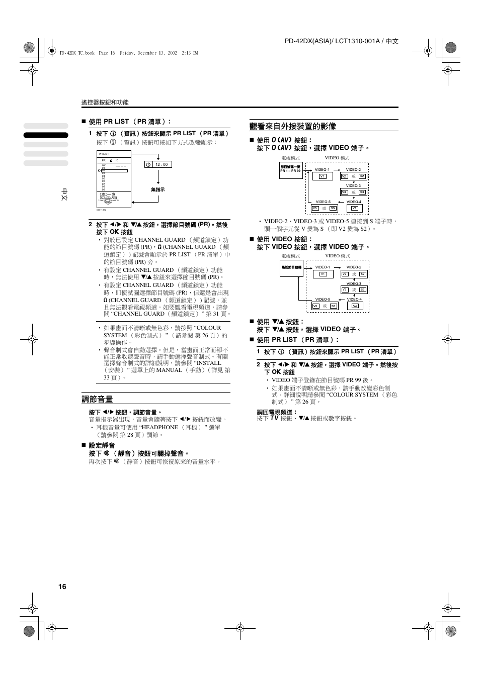 調節音量, 觀看來自外接裝置的影像, 設定靜音 按下 l （靜音）按鈕可關掉聲音 | 使用 o 按鈕： 按下 o 按鈕，選擇 video 端子 | JVC PD-42DX  RU User Manual | Page 60 / 217