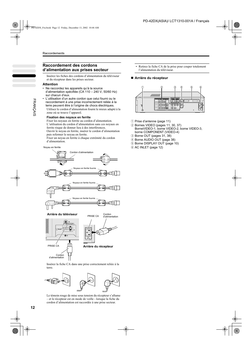 Attention, Arrière du récepteur | JVC PD-42DX  RU User Manual | Page 98 / 217