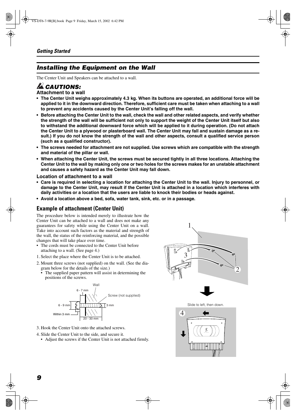 Installing the equipment on the wall, Example of attachment (center unit), Cautions | JVC VS-DT6R EN User Manual | Page 12 / 32