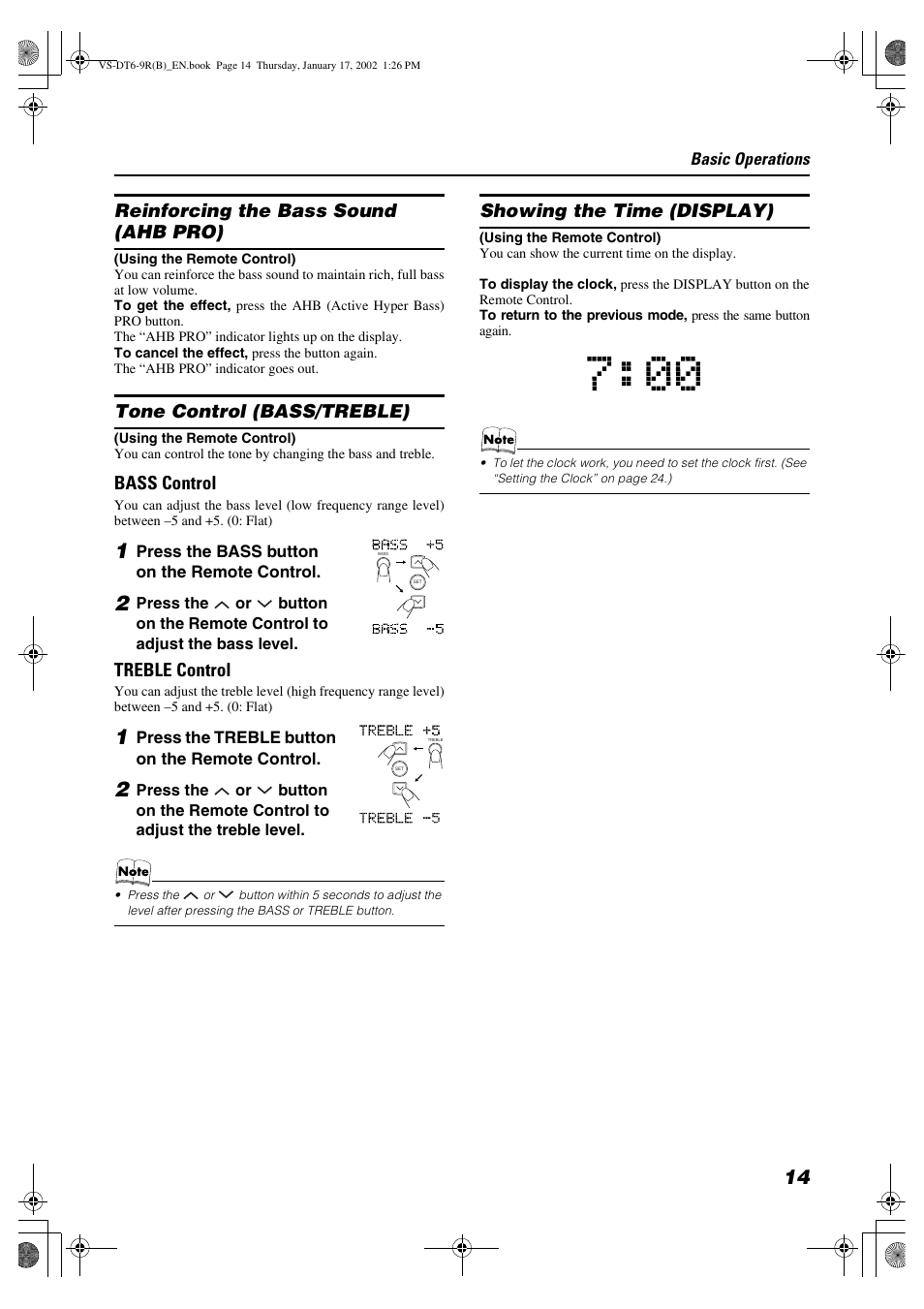 Reinforcing the bass sound (ahb pro), Tone control (bass/treble), Bass control | Treble control, Showing the time (display) | JVC VS-DT6R EN User Manual | Page 17 / 32