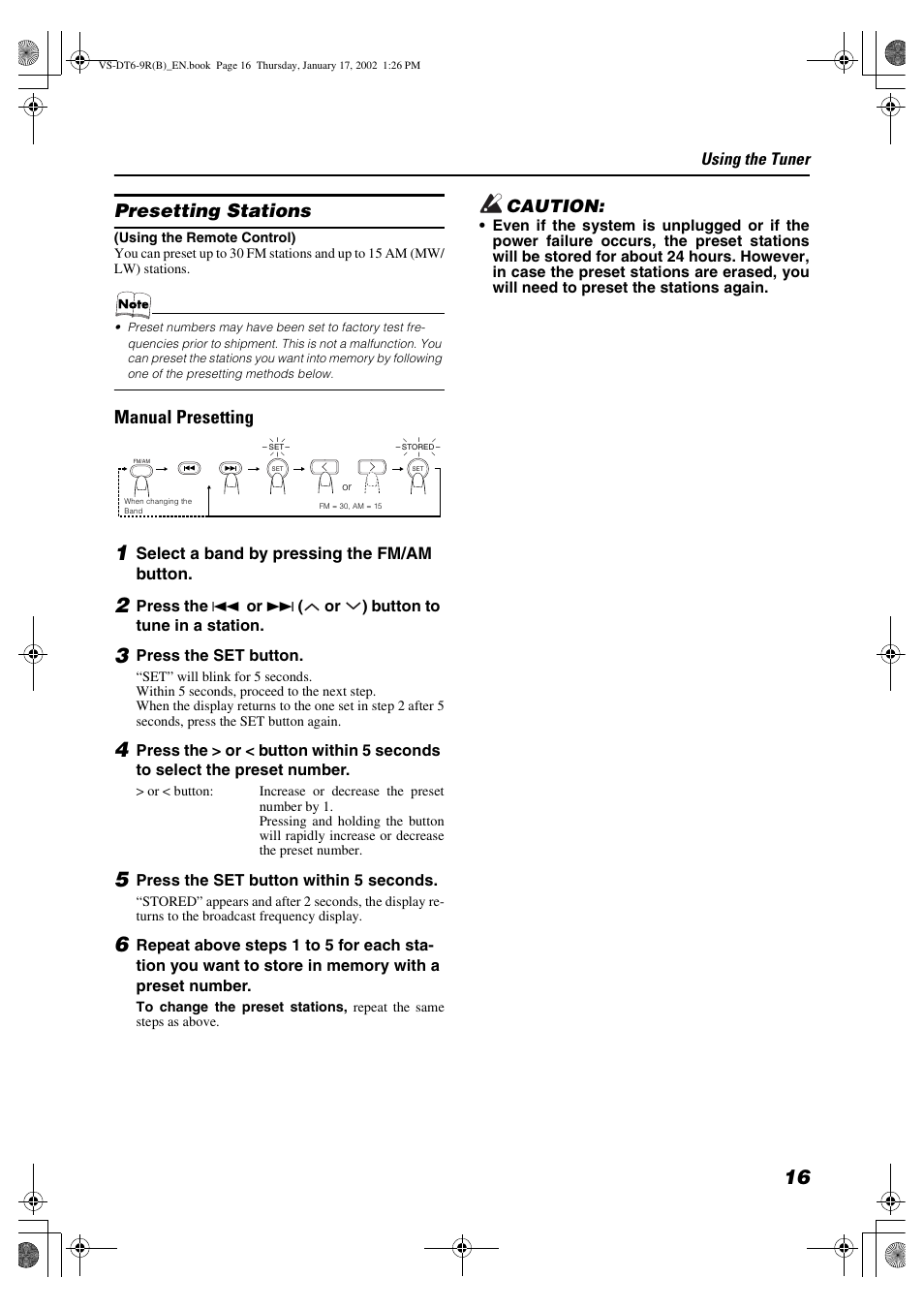 Presetting stations, Manual presetting | JVC VS-DT6R EN User Manual | Page 19 / 32