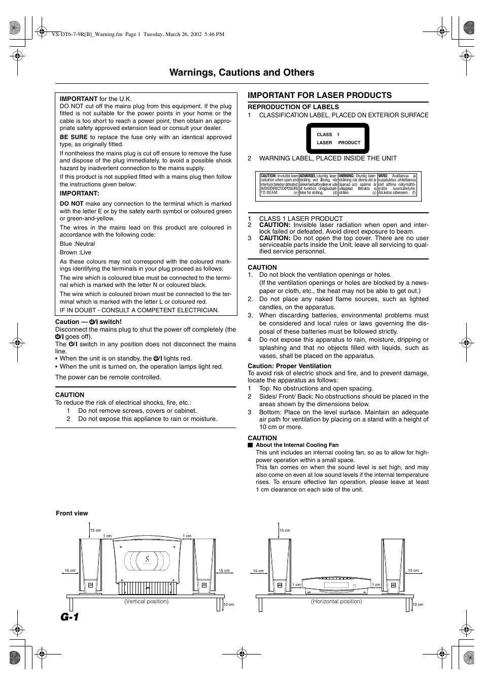 Warnings, cautions and others, Important for laser products | JVC VS-DT6R EN User Manual | Page 2 / 32