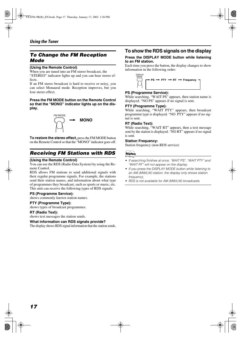 Receiving fm stations with rds, Using the tuner | JVC VS-DT6R EN User Manual | Page 20 / 32