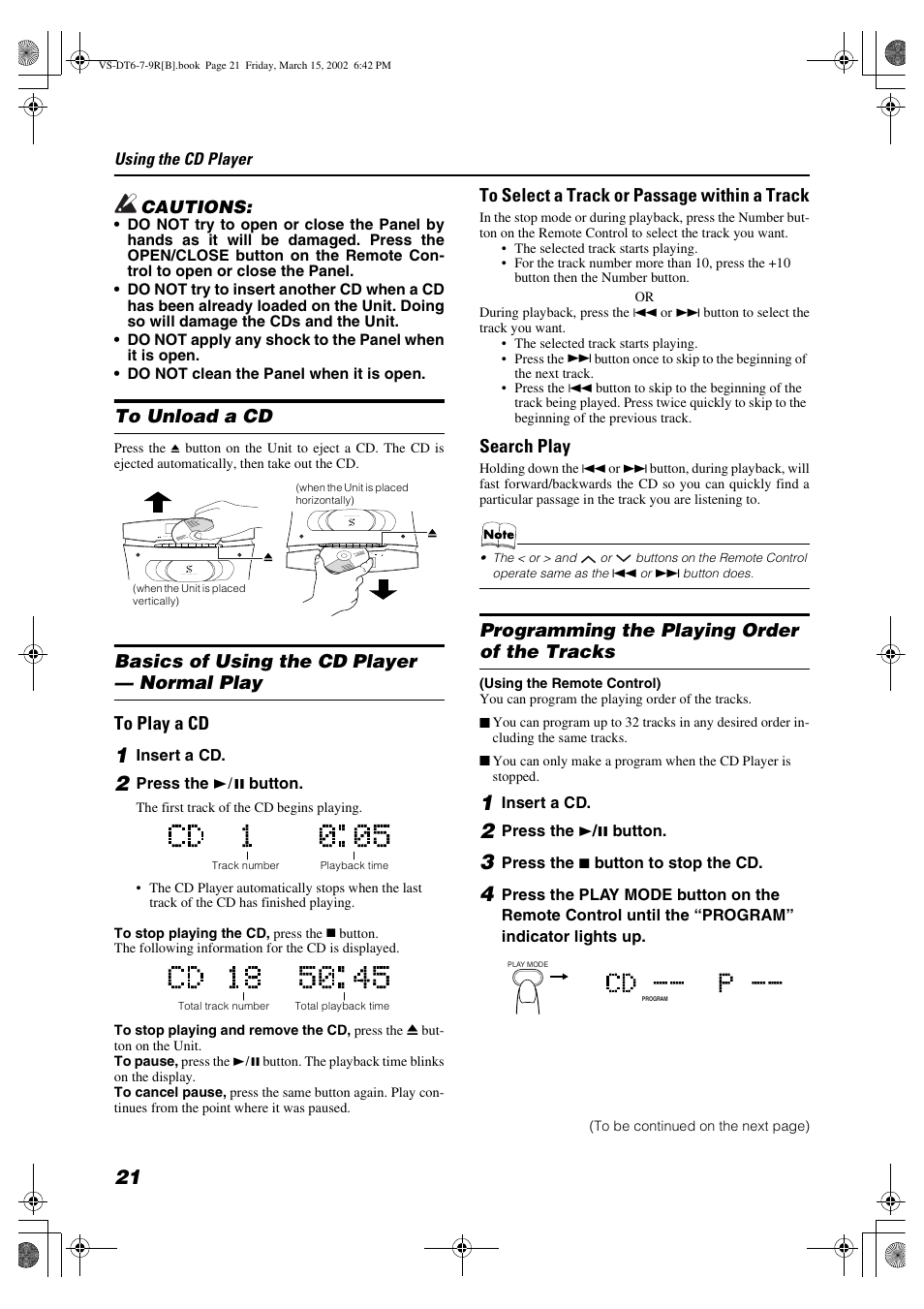 Search play, Programming the playing order of the tracks | JVC VS-DT6R EN User Manual | Page 24 / 32