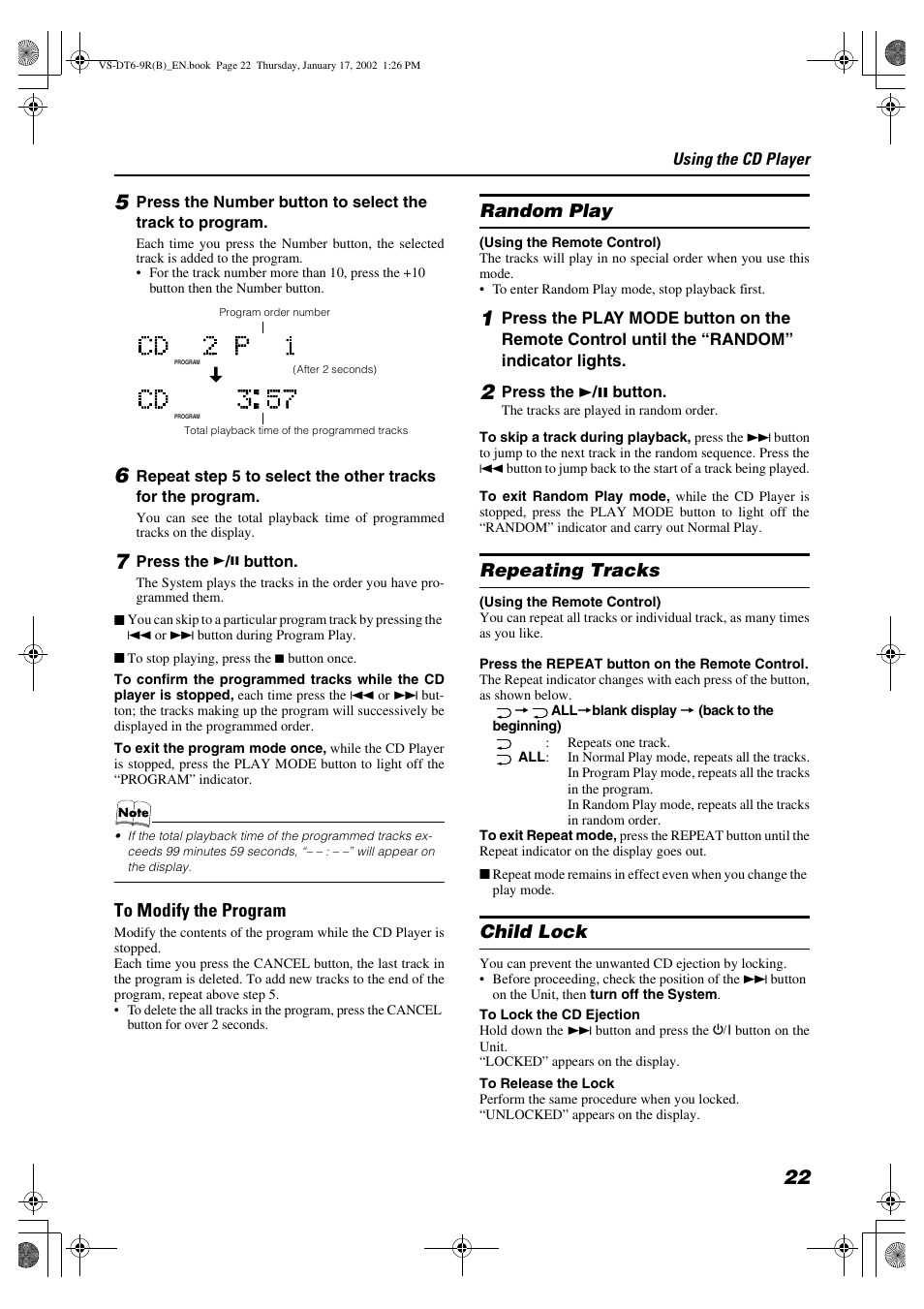 Random play, Repeating tracks, Child lock | JVC VS-DT6R EN User Manual | Page 25 / 32