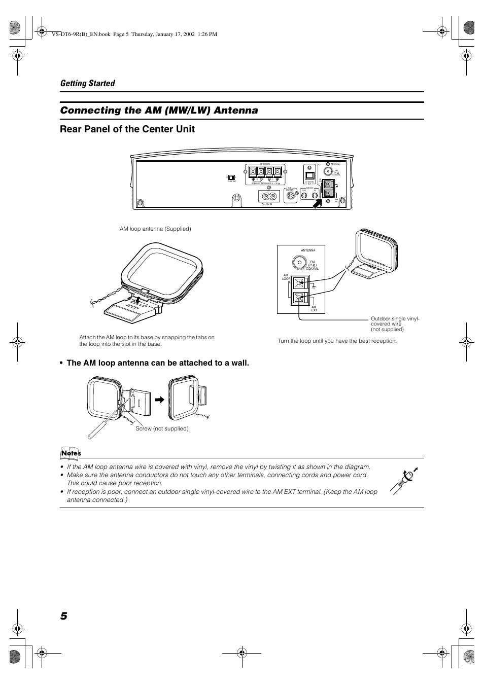 Getting started, The am loop antenna can be attached to a wall, Turn the loop until you have the best reception | JVC VS-DT6R EN User Manual | Page 8 / 32