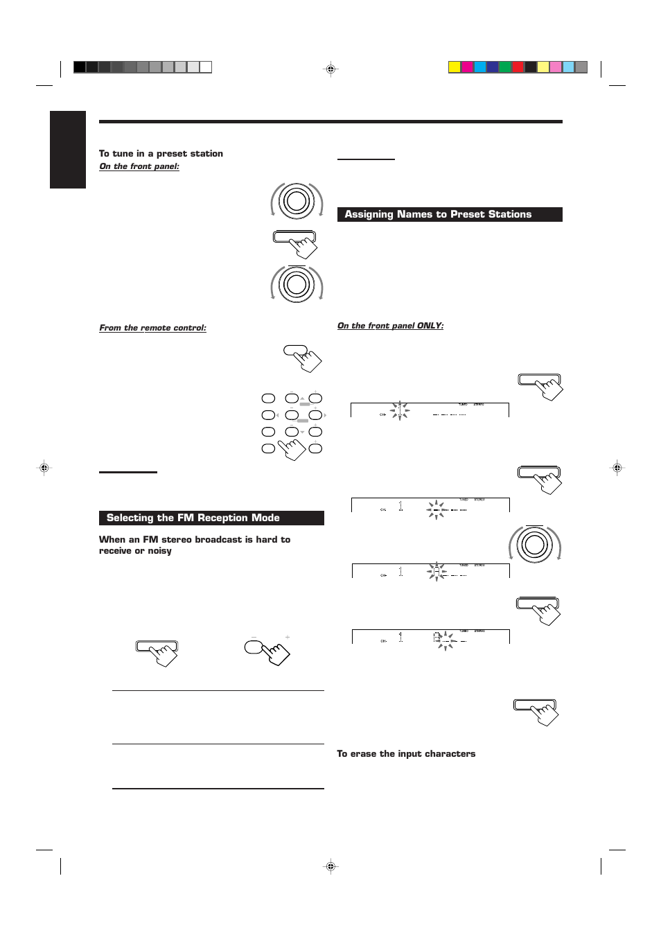 English, Assigning names to preset stations, Tune in a preset station | Turn source selector to select the band (fm or am), Press fm/am, Selecting the fm reception mode | JVC RX-7001PGD User Manual | Page 22 / 58