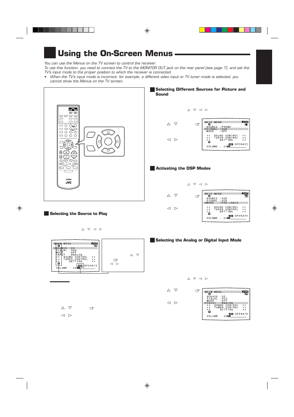 Using the on-screen menus, English, Press menu | When you finish, press exit, Selecting the source to play (also see page 10), Activating the dsp modes (also see page 27) | JVC RX-7001PGD User Manual | Page 33 / 58
