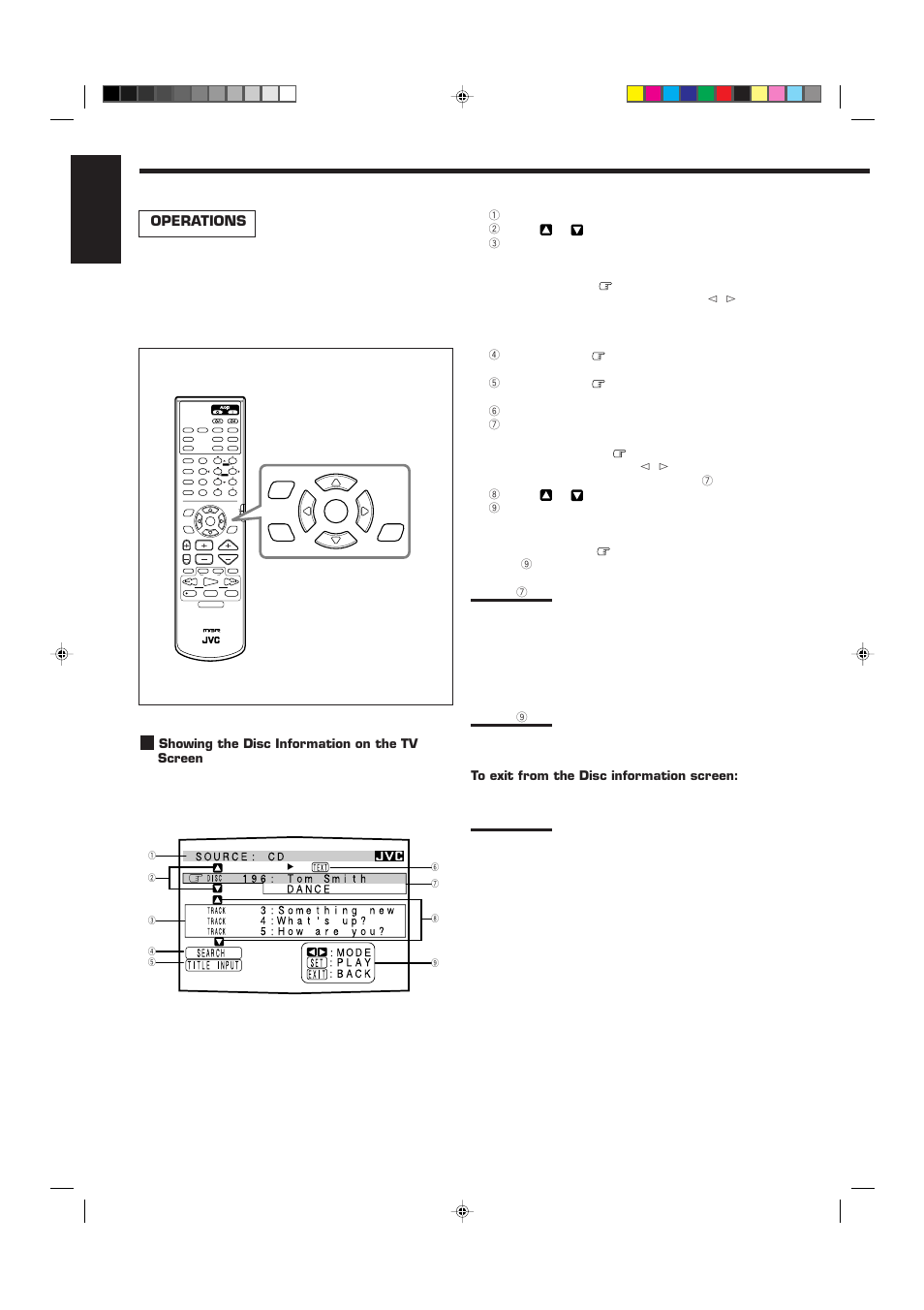 English, Operations, Showing the disc information on the tv screen | Press exit, The disc information screen appears on the tv | JVC RX-7001PGD User Manual | Page 40 / 58