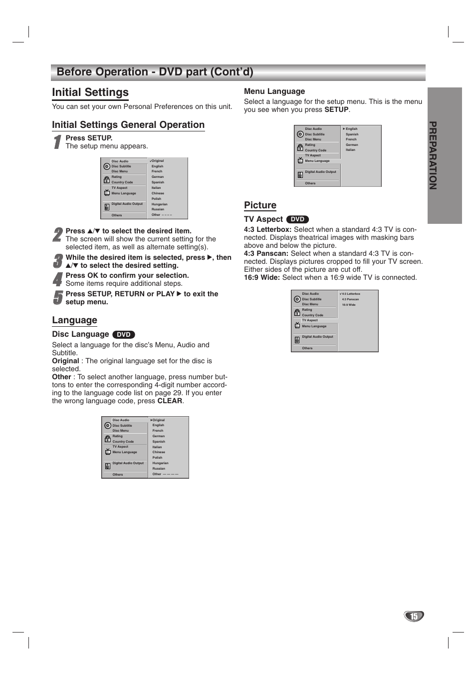 Prep ara tion, Initial settings general operation, Language | Picture, Disc language, Menu language, Tv aspect, Press setup. the setup menu appears | JVC HR-XV10AG User Manual | Page 15 / 32