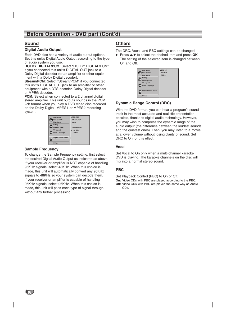 Before operation - dvd part (cont’d), Sound, Others | Digital audio output, Sample frequency, Dynamic range control (drc), Vocal, Set playback control (pbc) to on or off | JVC HR-XV10AG User Manual | Page 16 / 32