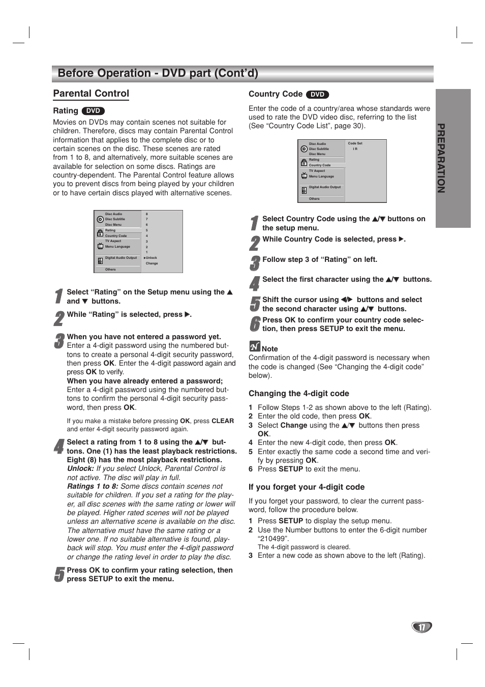 Before operation - dvd part (cont’d), Prep ara tion, Parental control | JVC HR-XV10AG User Manual | Page 17 / 32