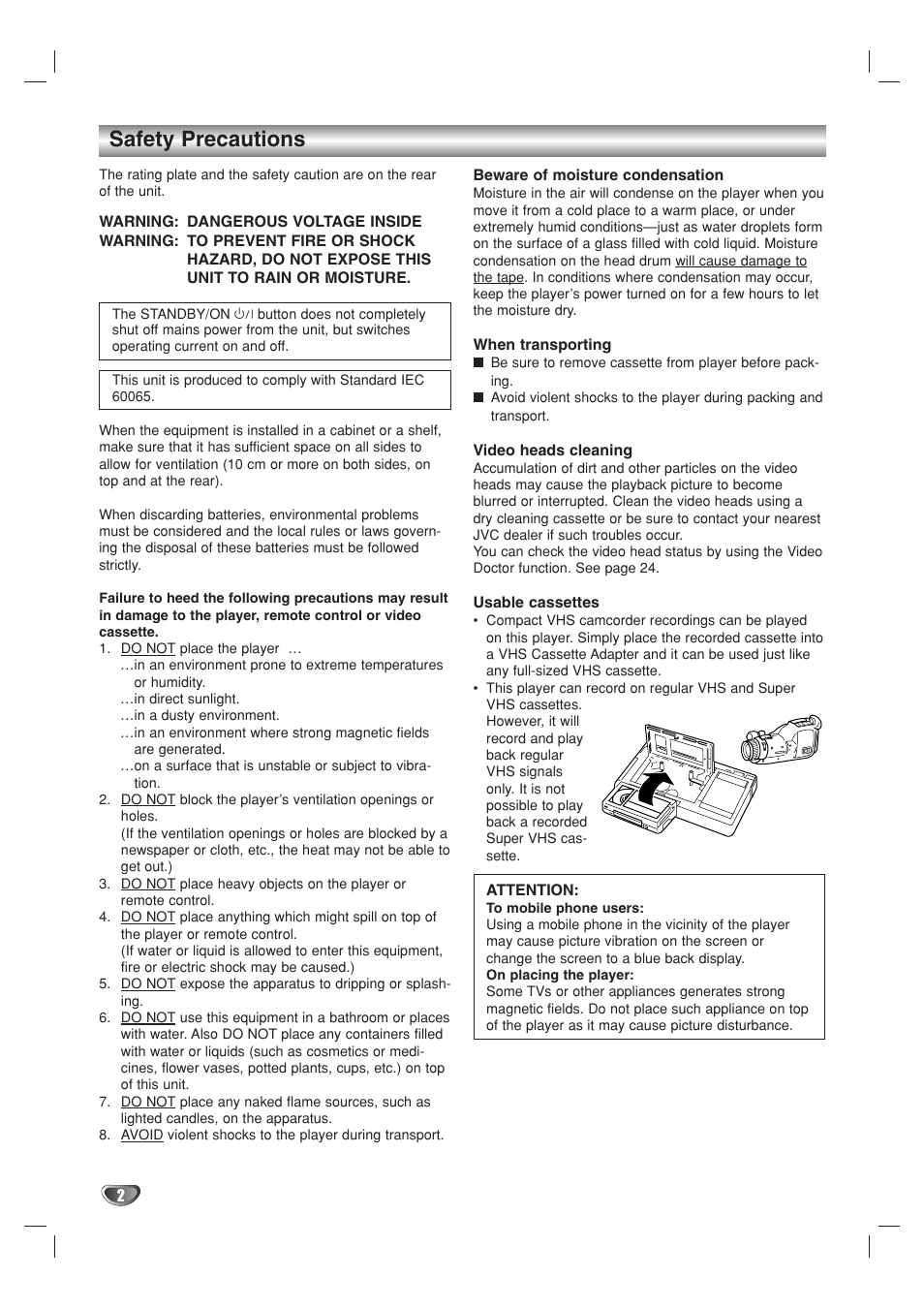 Introduction, Safety precautions | JVC HR-XV10AG User Manual | Page 2 / 32