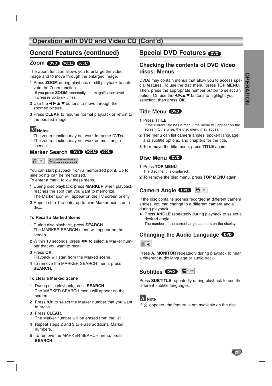 Operation with dvd and video cd (cont’d), General features (continued), Special dvd features | Opera tion, Zoom, Marker search, Checking the contents of dvd video discs: menus, Title menu, Disc menu, Camera angle | JVC HR-XV10AG User Manual | Page 21 / 32