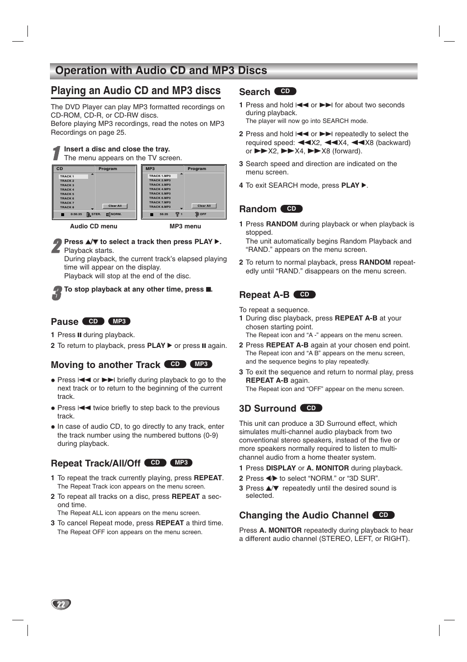 Operation with audio cd and mp3 discs, Playing an audio cd and mp3 discs, Pause | Moving to another track, Repeat track/all/off, Search, Random, Repeat a-b, 3d surround, Changing the audio channel | JVC HR-XV10AG User Manual | Page 22 / 32