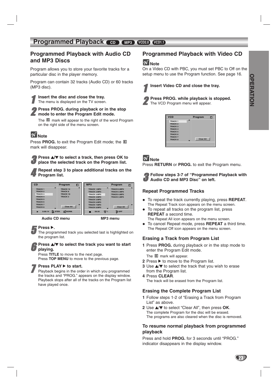 Programmed playback, Opera tion, Programmed playback with audio cd and mp3 discs | Programmed playback with video cd, Repeat programmed tracks, Erasing a track from program list, Erasing the complete program list | JVC HR-XV10AG User Manual | Page 23 / 32