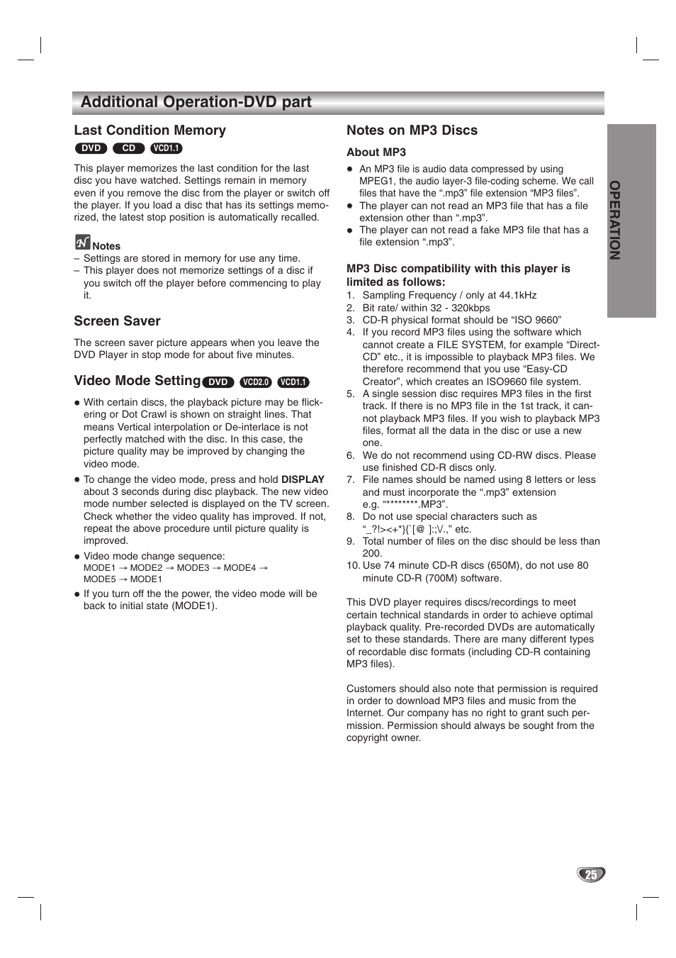 Additional operation-dvd part, Opera tion, Screen saver | Video mode setting | JVC HR-XV10AG User Manual | Page 25 / 32