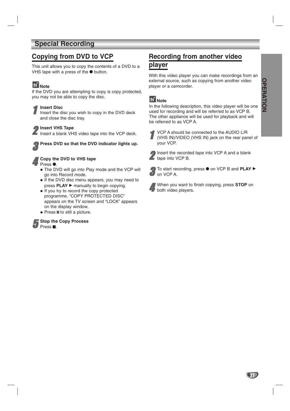 Special recording copying from dvd to vcp, Recording from another video player | JVC HR-XV10AG User Manual | Page 27 / 32