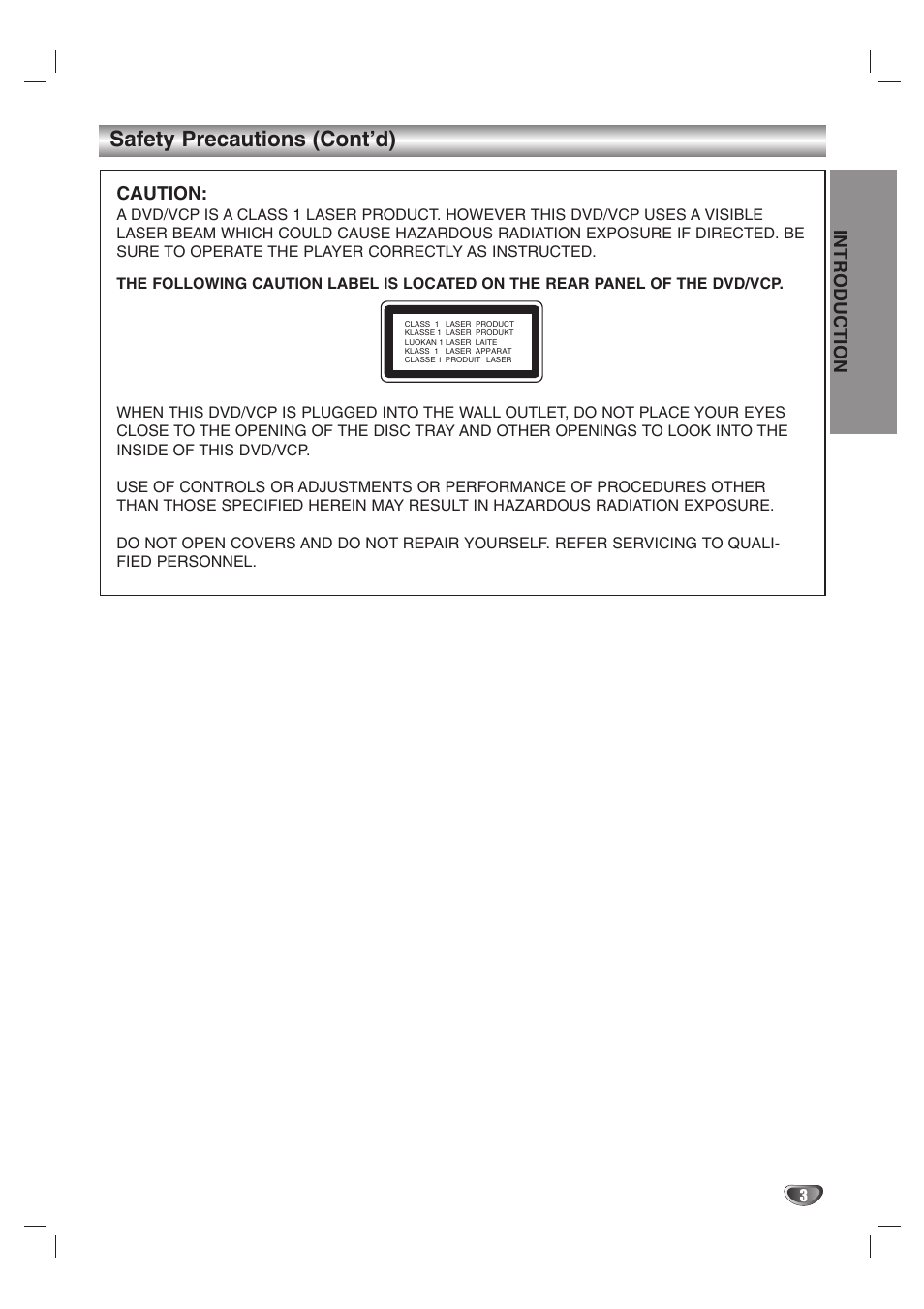 Safety precautions (cont’d), Caution, Introduction | JVC HR-XV10AG User Manual | Page 3 / 32