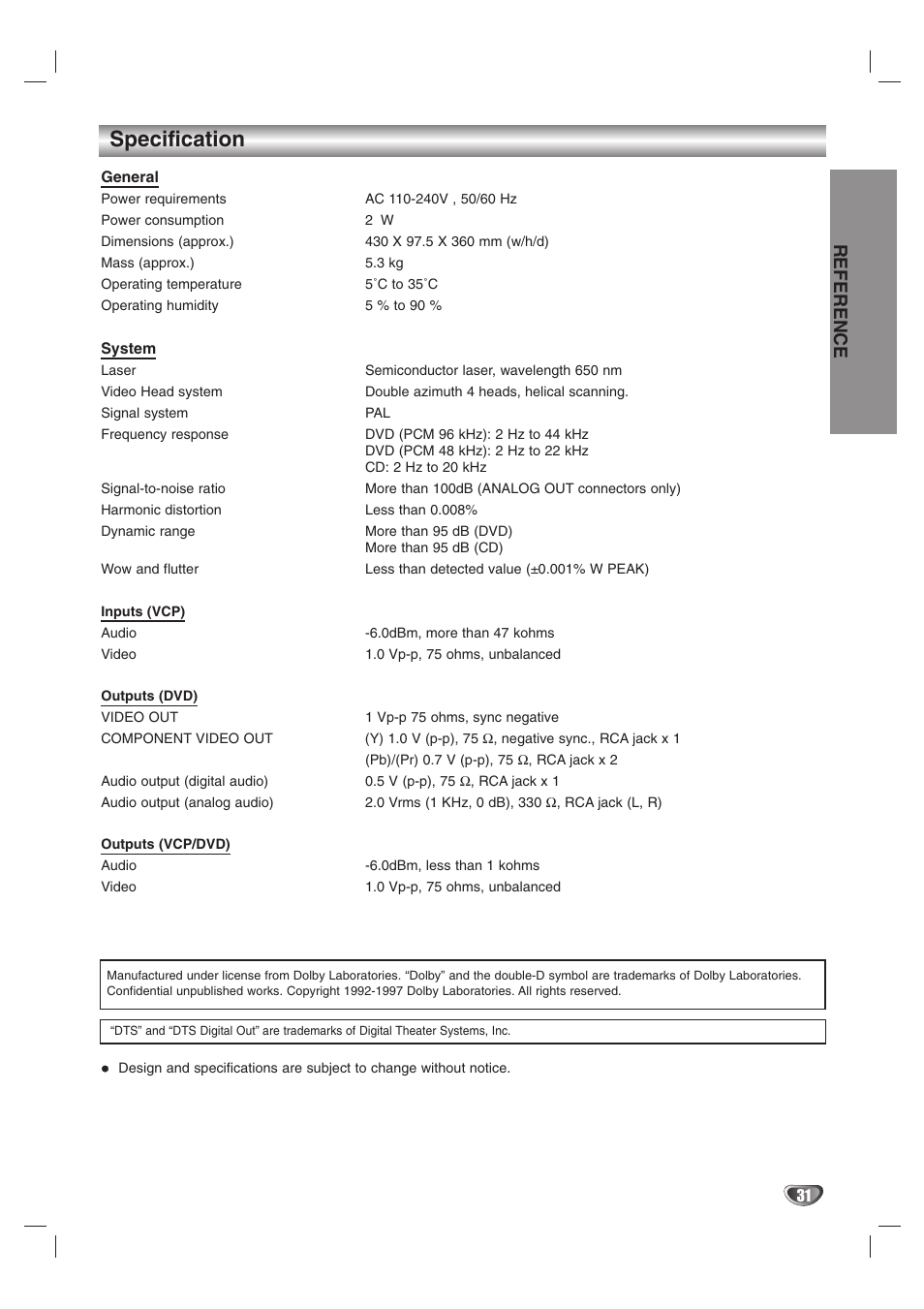Specification, Reference | JVC HR-XV10AG User Manual | Page 31 / 32