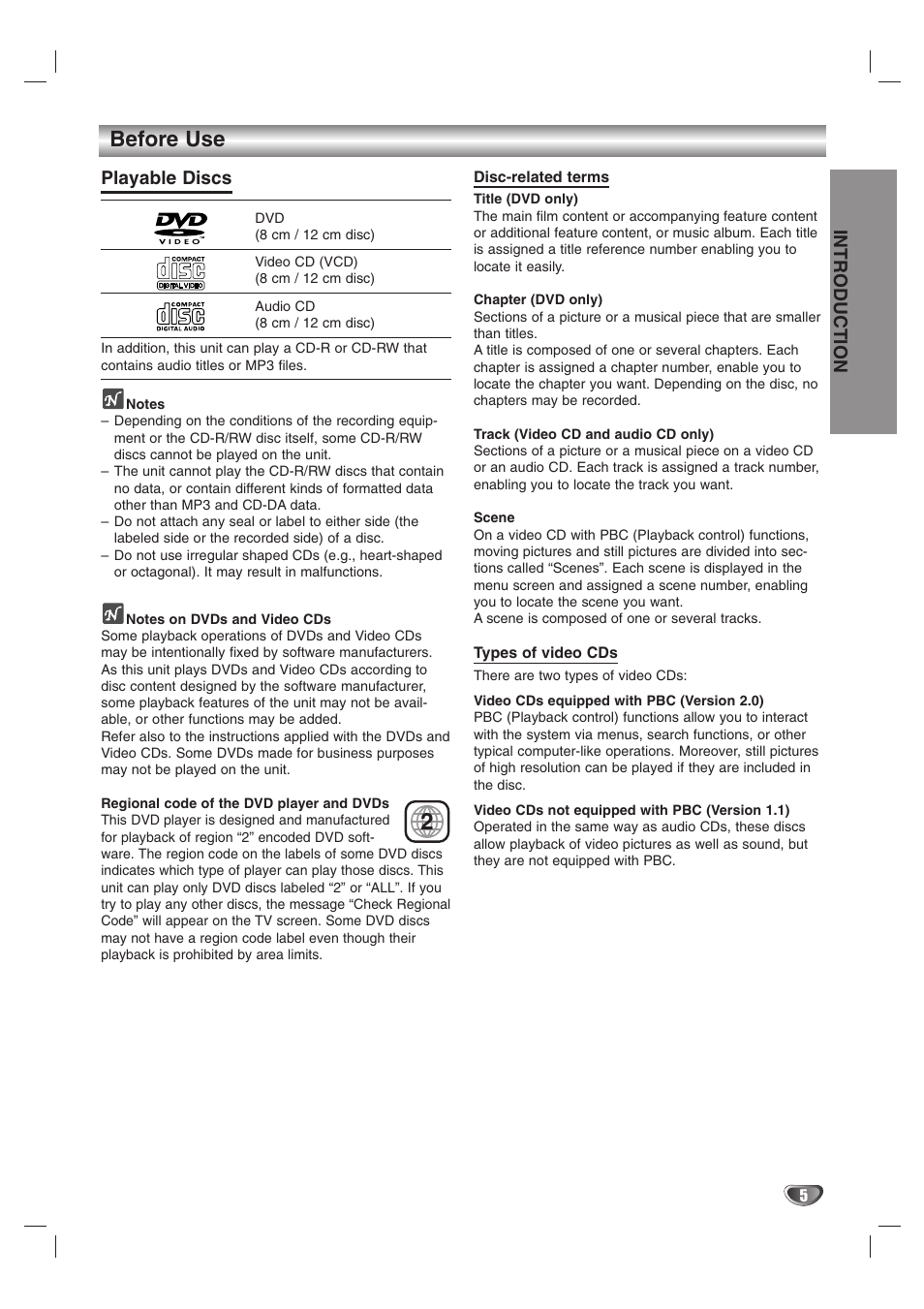 Before use, Introduction, Playable discs | JVC HR-XV10AG User Manual | Page 5 / 32