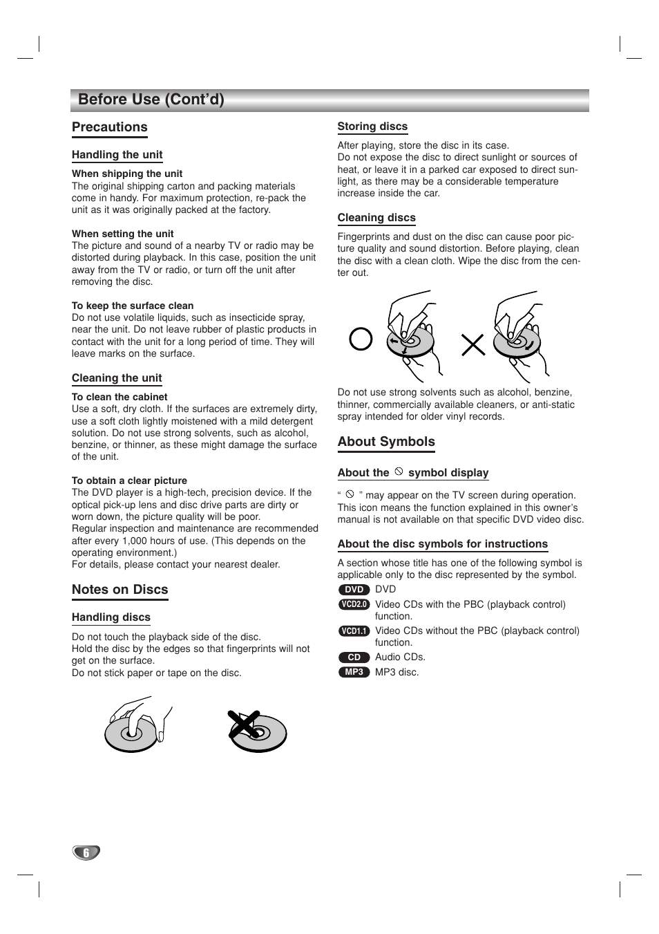 Before use (cont’d), Precautions, About symbols | JVC HR-XV10AG User Manual | Page 6 / 32