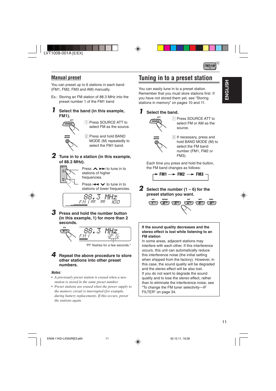 Tuning in to a preset station, Manual preset, English | JVC KD-LX555R User Manual | Page 11 / 58