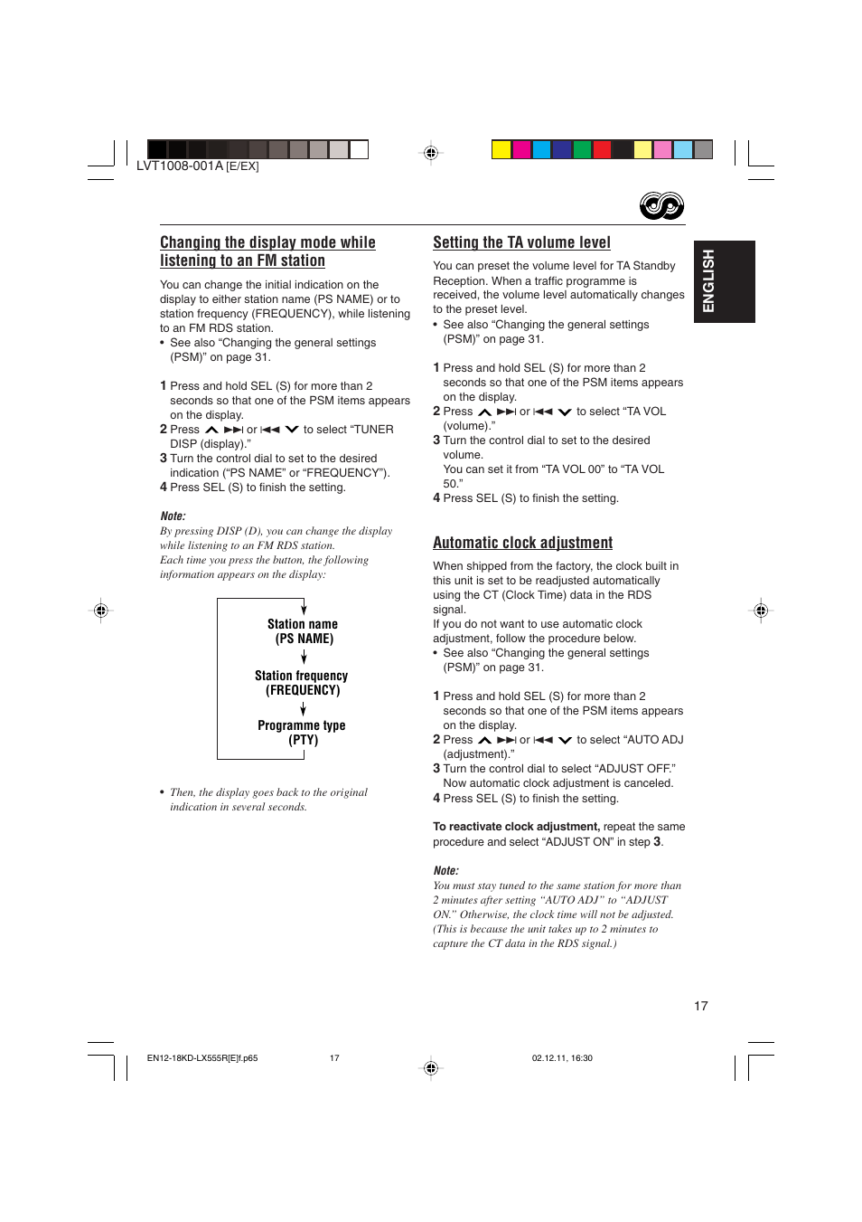 Setting the ta volume level, Automatic clock adjustment | JVC KD-LX555R User Manual | Page 17 / 58