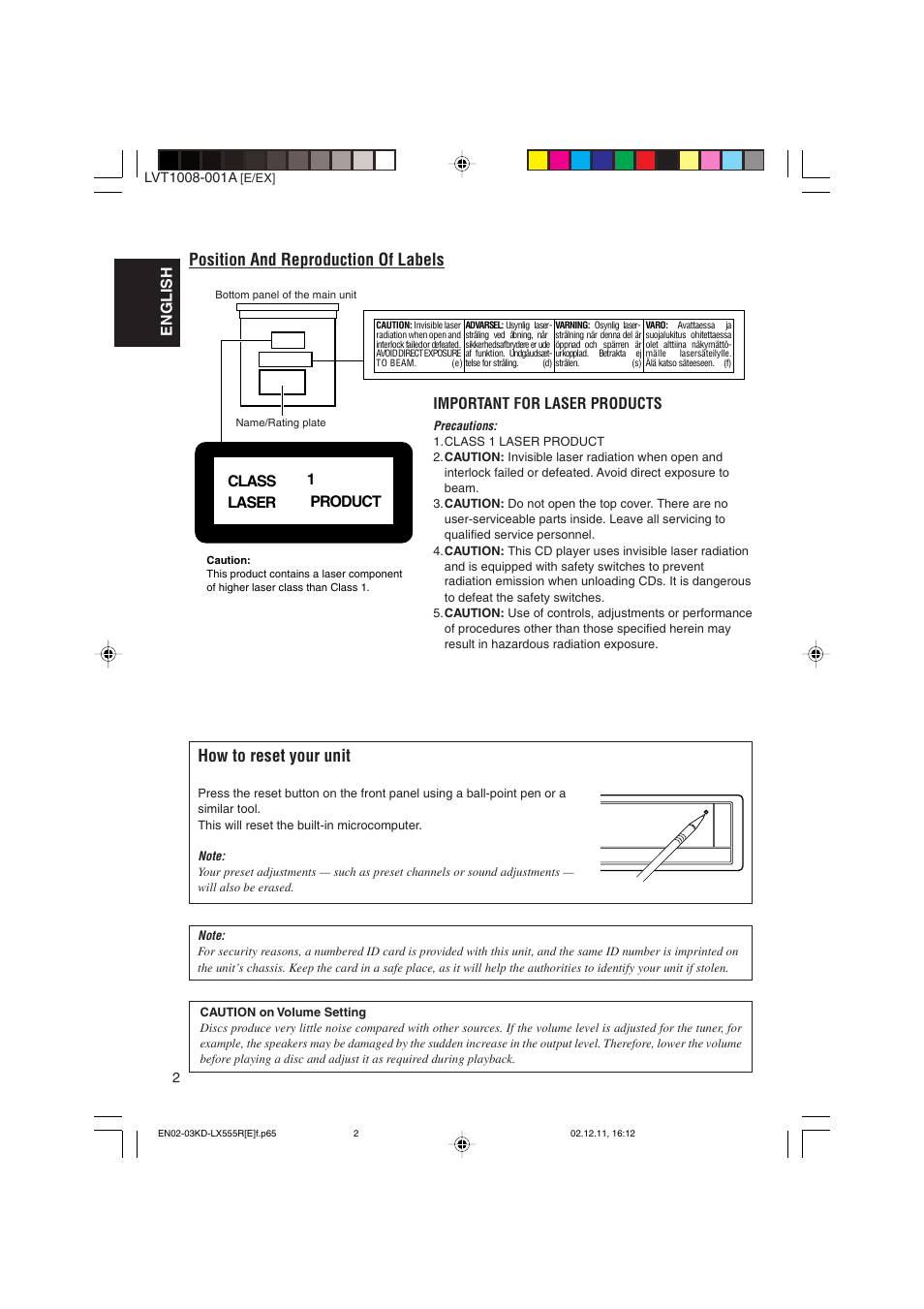 Position and reproduction of labels, How to reset your unit, English | Important for laser products, Class laser 1 product | JVC KD-LX555R User Manual | Page 2 / 58