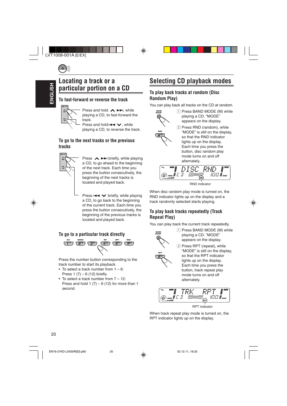 Locating a track or a particular portion on a cd, Selecting cd playback modes, English | JVC KD-LX555R User Manual | Page 20 / 58