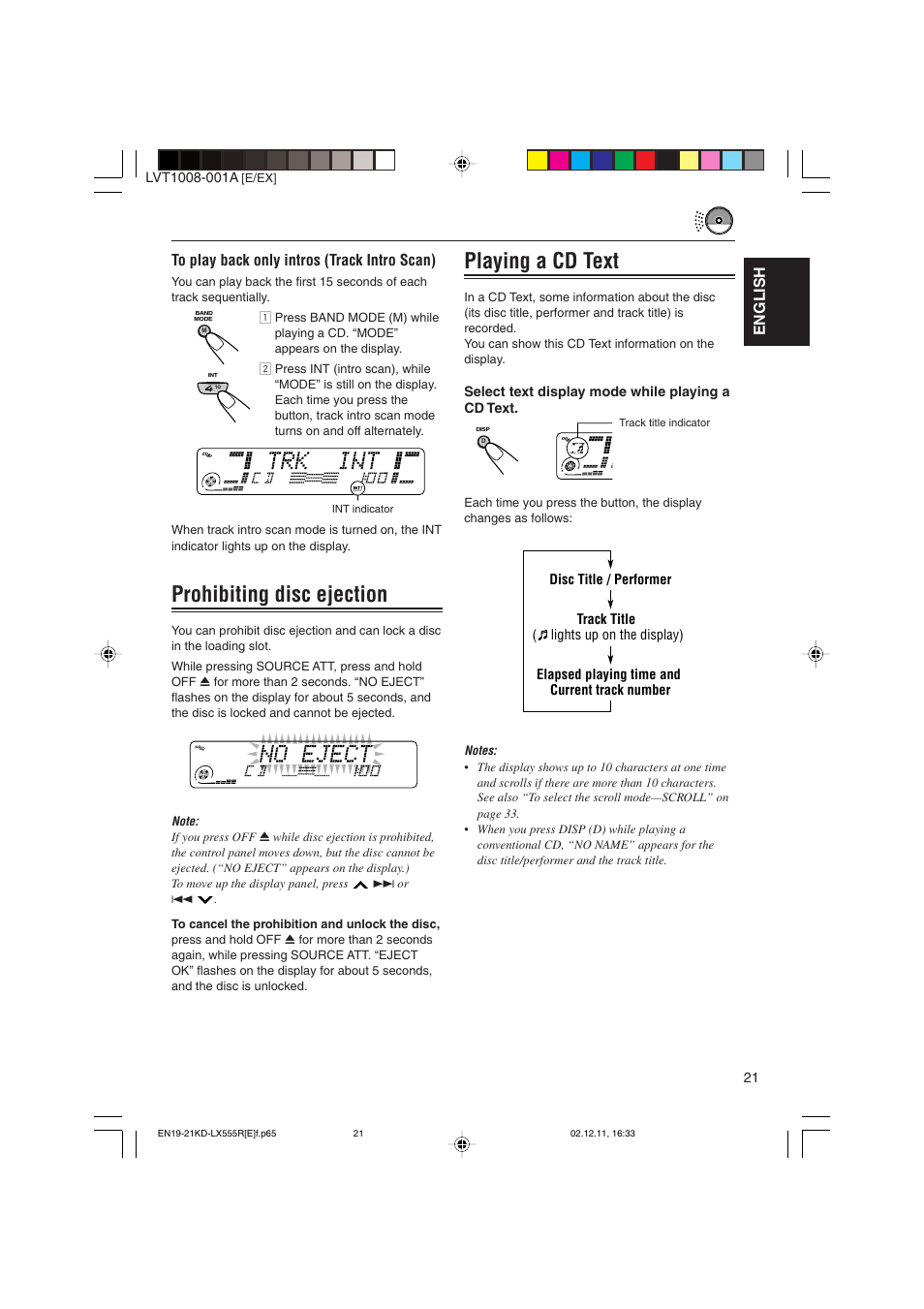 Playing a cd text, Prohibiting disc ejection, English | JVC KD-LX555R User Manual | Page 21 / 58