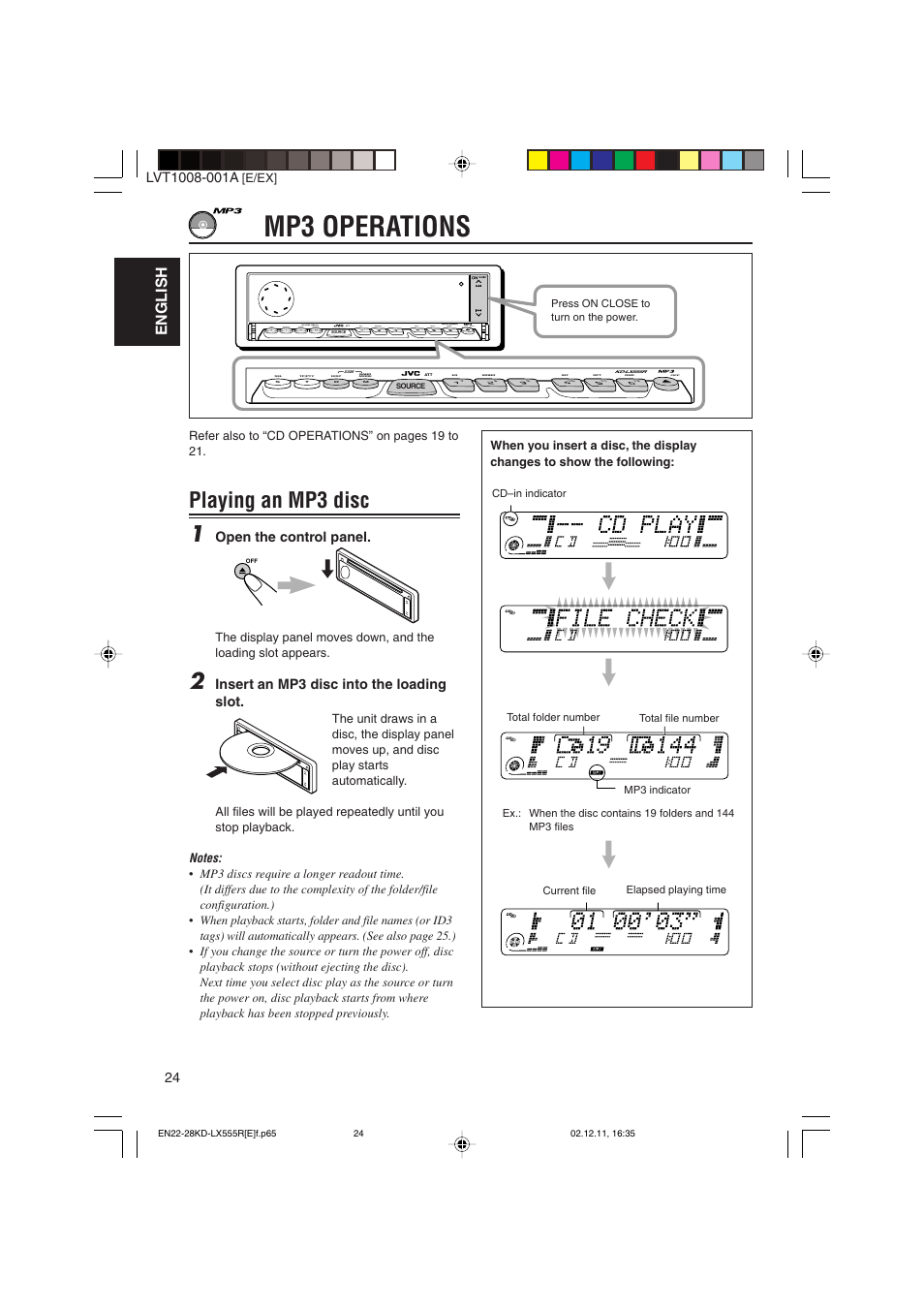 Mp3 operations, Playing an mp3 disc 1, English | Open the control panel, Insert an mp3 disc into the loading slot | JVC KD-LX555R User Manual | Page 24 / 58