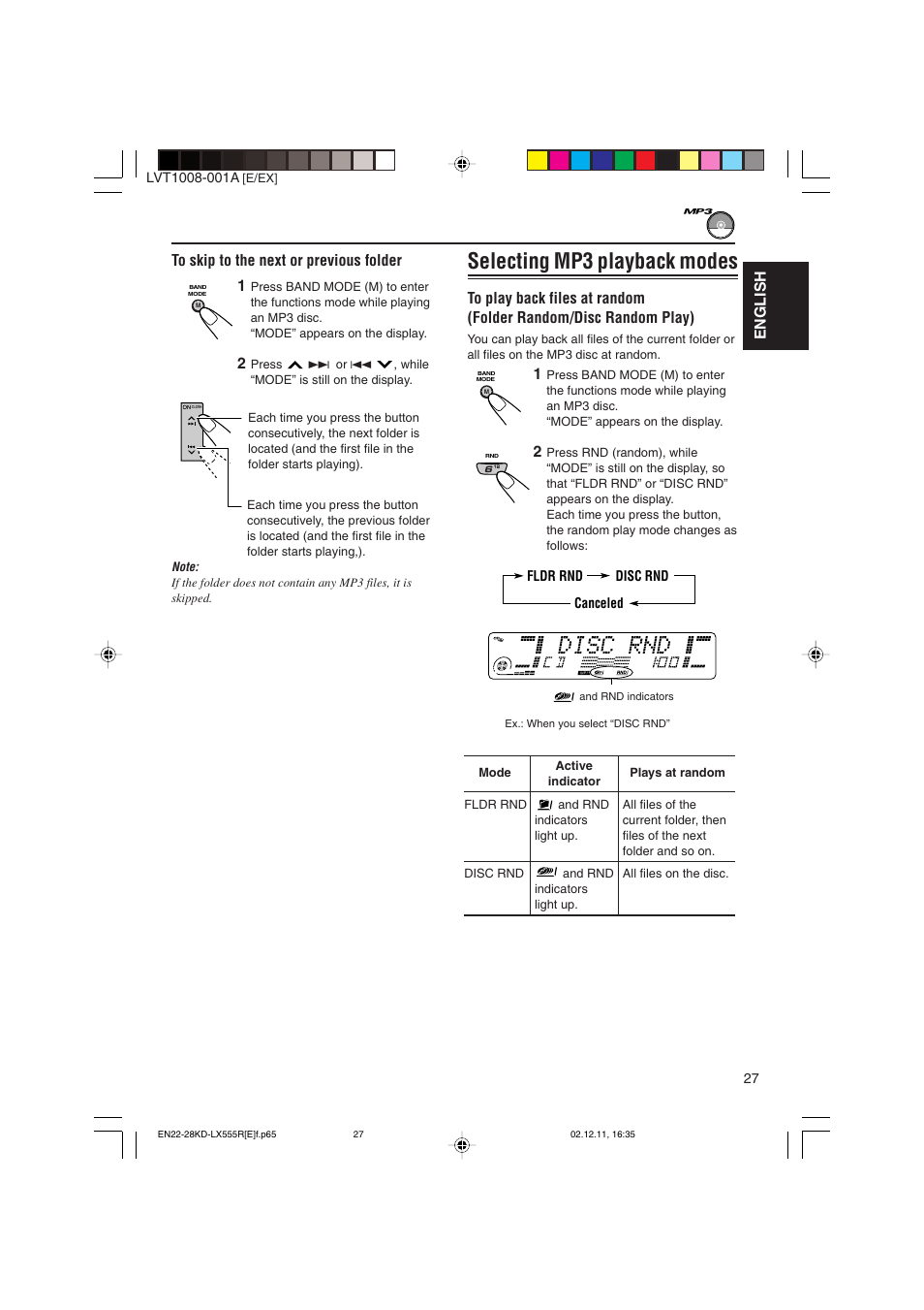 Selecting mp3 playback modes, English | JVC KD-LX555R User Manual | Page 27 / 58