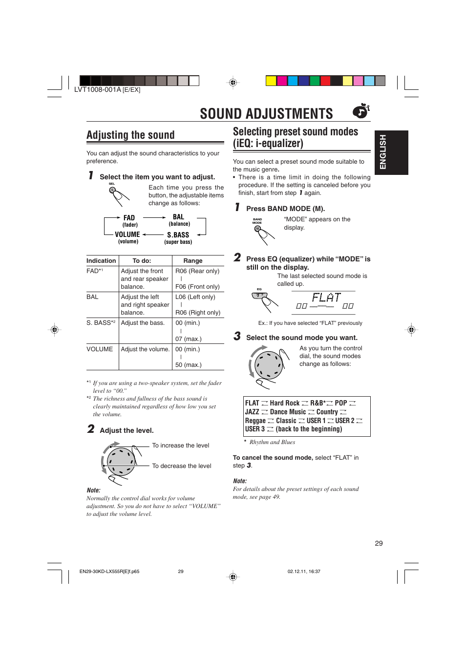 Sound adjustments, Selecting preset sound modes (ieq: i-equalizer), Adjusting the sound | JVC KD-LX555R User Manual | Page 29 / 58